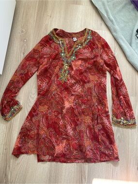 100% silk Red Paisley Embroidered Tunic